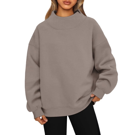 WTOBBY Women's Fashionable Hoodie Pullover Top with High Neck and Long Sleeves, Solid Color Loose Fit for Casual Wear, Cozy and Warm, Great for Outdoor Use,Khaki M