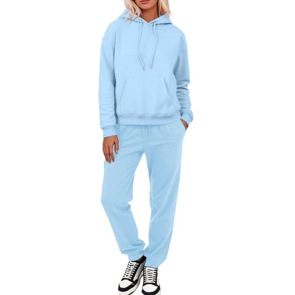 WTOBBY Women's Fashionable Loose Fit Hoodie and Pants Two-Piece Set, Long Sleeve Casual Outfit for Daily Wear, Comfortable Tracksuit for Women, Perfect for Home Streetwear,Blue L