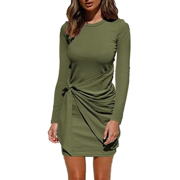 WTOBBY Women's Fashionable Loose Round-Neck Dress - Comfortable and Trendy Dress for Women, Featuring a Relaxed Fit and Simple Design for Easy Styling,Army Green S