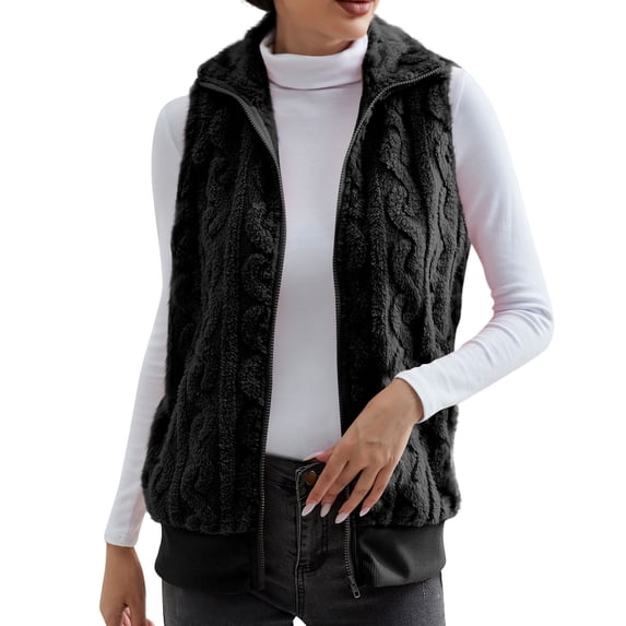 WTOBBY Women's Fashionable Plaid Comfortable Fleece Cardigan Vest Stand Collar Sleeveless Women's Jacket, Lightweight Layering Piece with Chic and Modern Design,Black L