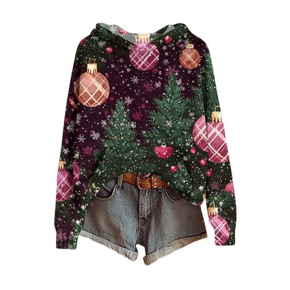 WTOBBY Women's Fashionable Printing Casual Hooded Long Sleeved Sweatshirt, Christmas Theme Design with Hood, Cozy Fleece Lining for Winter Comfort and Holiday Events,Dark Purple XL