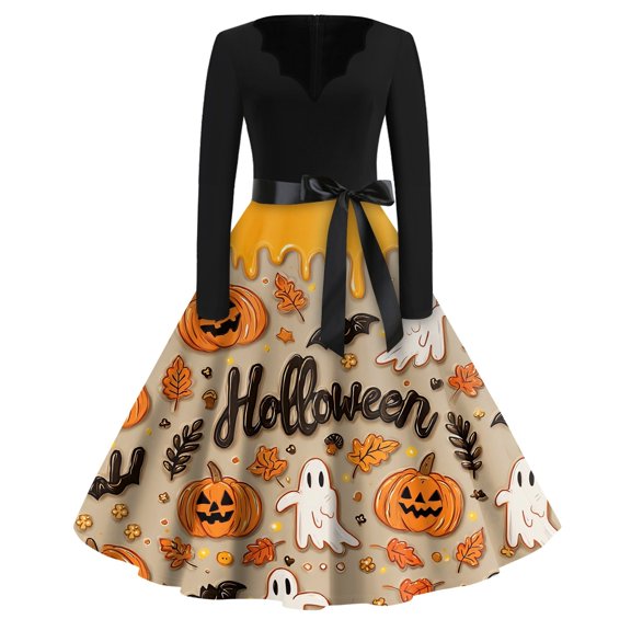 WTOBBY Women's Fashionable Retro Halloween Party Dress Featuring Bat and Pumpkin Print, V-Neckline, Long Sleeves, and Hollow Out Casual Style for Everyday Wear ,Khaki 2XL