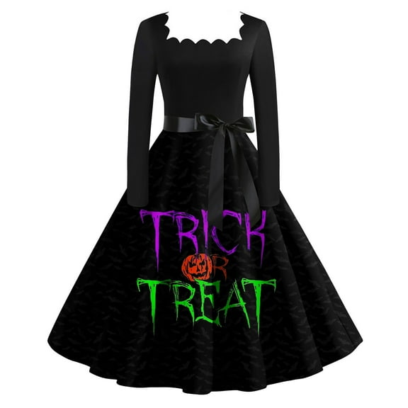 WTOBBY Women's Fashionable Retro Long-Sleeved Square-Neck Halloween Printed Evening Dress - Elegant and Glamorous Gown for Formal Events,Black L
