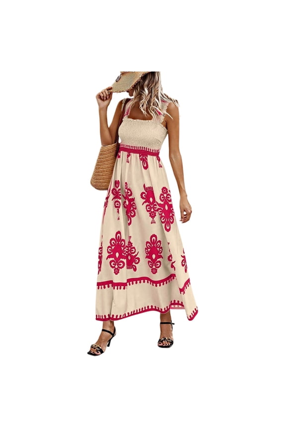 Women's Fashionable Retro Printed Bohemian Beach Dress for Beach Vacation, Flowy Ruched Hawaiian Style Maxi Dress for Resort Wear,Hot Pink L
