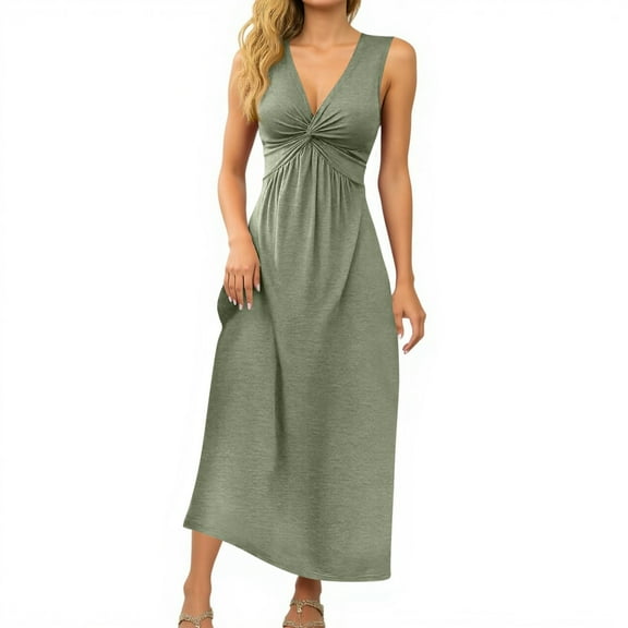 WTOBBY Women's Fashionable Sexy Solid Color V-Neck Sleeveless Twisted Pleated Waist Bodycon Dress for Club Parties and Evening Events Outings,Light GreenS