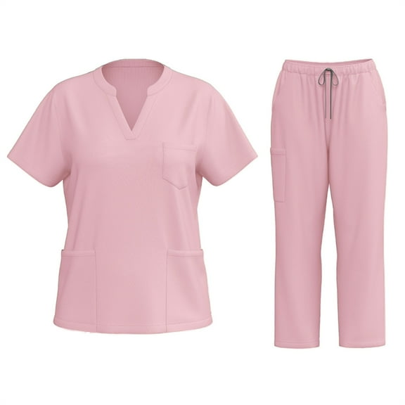 WTOBBY Women's Fashionable Short Sleeve V-Neck Scrubs Set with Pocket, Solid Color Nursing Uniform, Medical Workwear for Caregivers, Modern Professional Style,Pink 2XL