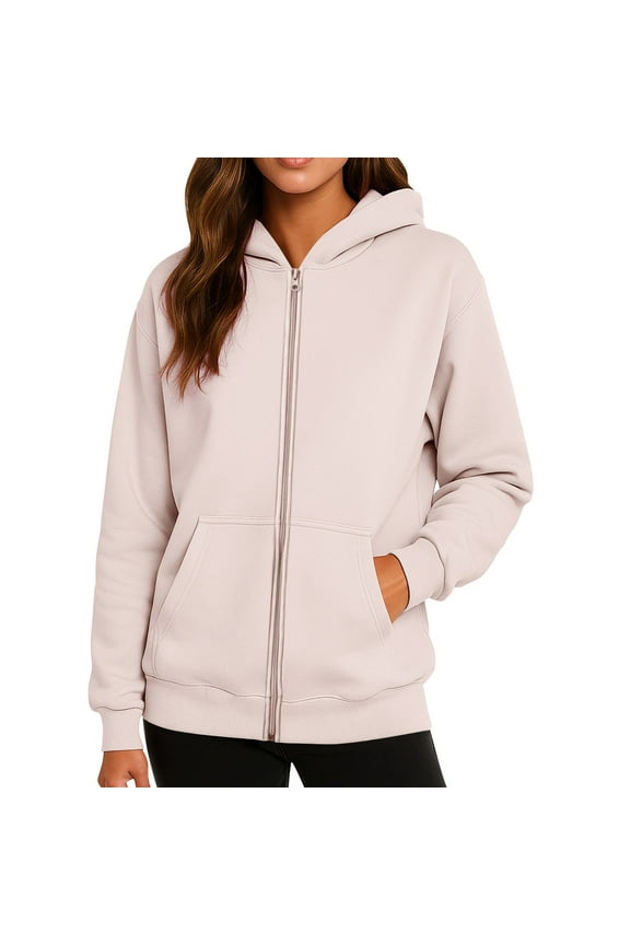 Women's Fashionable Solid Color Casual Hooded Long Sleeved Coat, Fleece-Lined Zipper Jacket, Winter Warm Wear with Soft Touch and Cozy Feel,Beige L