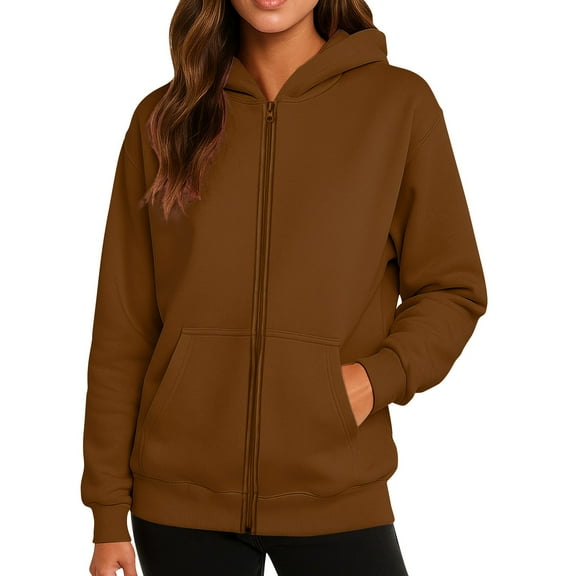 WTOBBY Women's Fashionable Solid Color Casual Hooded Long Sleeved Coat, Fleece-Lined Zipper Jacket, Winter Warm Wear with Soft Touch and Cozy Feel,Coffee M