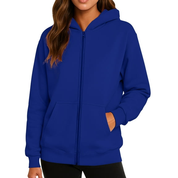 WTOBBY Women's Fashionable Solid Color Casual Hooded Long Sleeved Coat, Fleece-Lined Zipper Jacket, Winter Warm Wear with Soft Touch and Cozy Feel,Dark Blue L