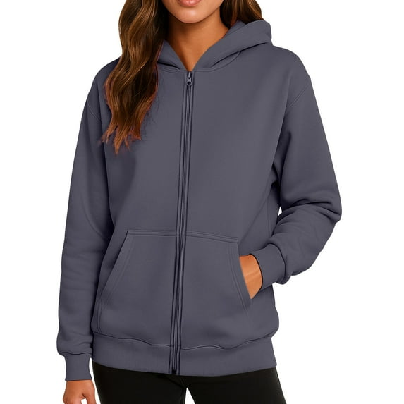 WTOBBY Women's Fashionable Solid Color Casual Hooded Long Sleeved Coat, Fleece-Lined Zipper Jacket, Winter Warm Wear with Soft Touch and Cozy Feel,Dark Gray S