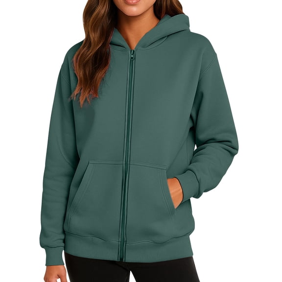 WTOBBY Women's Fashionable Solid Color Casual Hooded Long Sleeved Coat, Fleece-Lined Zipper Jacket, Winter Warm Wear with Soft Touch and Cozy Feel,Dark Green 2XL