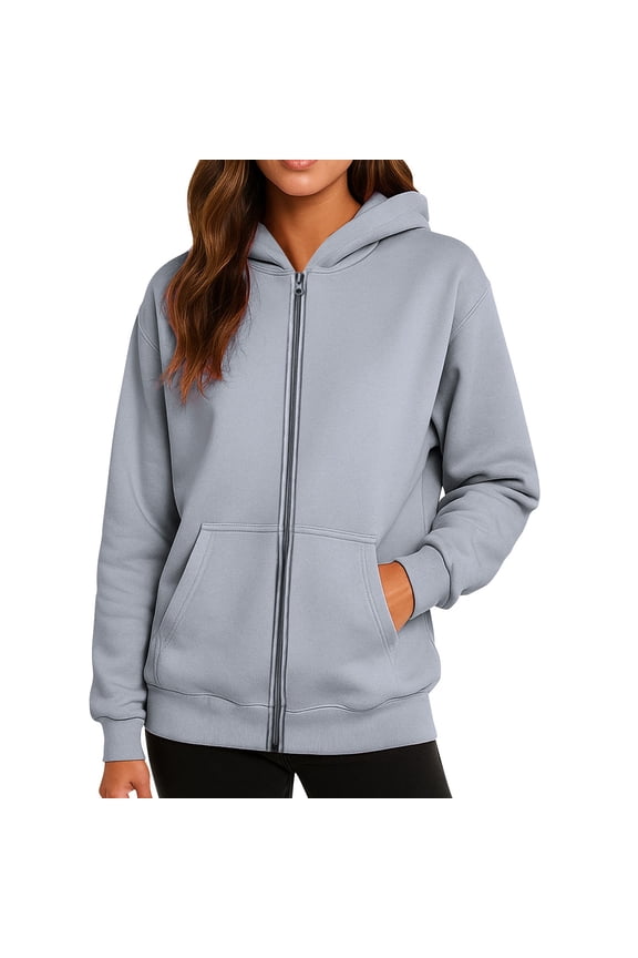 Women's Fashionable Solid Color Casual Hooded Long Sleeved Coat, Fleece-Lined Zipper Jacket, Winter Warm Wear with Soft Touch and Cozy Feel,Light Gray L