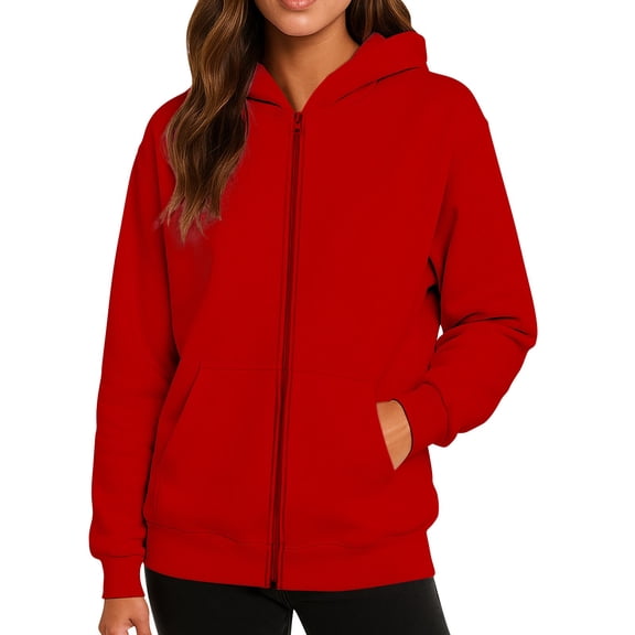 WTOBBY Women's Fashionable Solid Color Casual Hooded Long Sleeved Coat, Fleece-Lined Zipper Jacket, Winter Warm Wear with Soft Touch and Cozy Feel,Red S