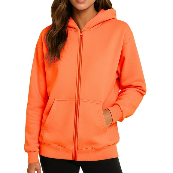 WTOBBY Women's Fashionable Solid Color Casual Hooded Long Sleeved Coat, Fleece-Lined Zipper Jacket, Winter Warm Wear with Soft Touch and Cozy Feel,Saffron L