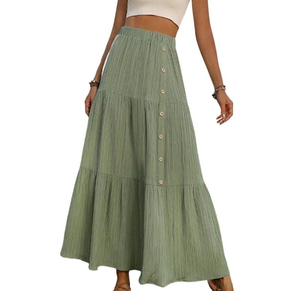 WTOBBY Women's Fashionable Solid Color Elastic Waistband Button Front A-line Skirt, Casual Office Wear Skirt for Women Elegant Design and Professional Settings,Green 2XL