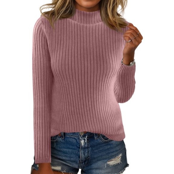 WTOBBY Women's Fashionable Solid Color Half High Collar Knitted Pullover Sweater, Long Sleeve Top for Elegant and Casual Outfits, Versatile Wear,Pink S