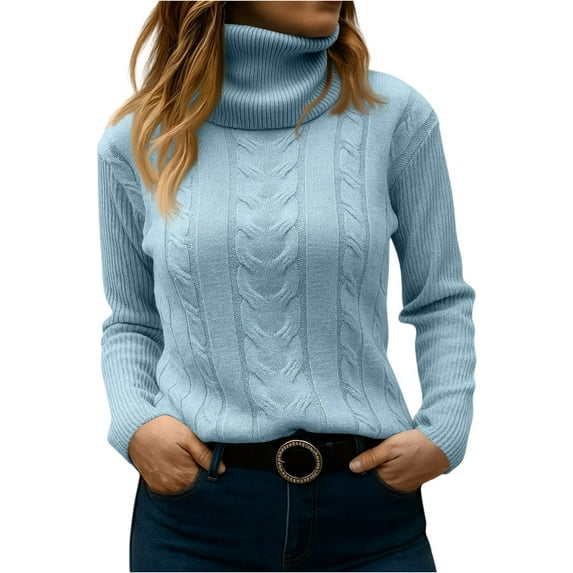 WTOBBY Women's Fashionable Solid Color High Neck Long Sleeved Sweater Pullover, Knitted Top for Elegant and Casual Outfits, Versatile and Warm,Light Blue L