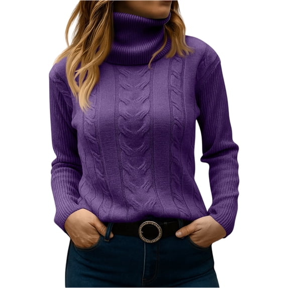WTOBBY Women's Fashionable Solid Color High Neck Long Sleeved Sweater Pullover, Knitted Top for Elegant and Casual Outfits, Versatile and Warm,Purple M