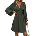 thumbnail image 1 of WTOBBY Women's Fashionable Solid Color V-Neck Long Sleeve Pleated Versatile Dress Lantern Sleeve Detail for Unique Style Flowy Pleats for Movement Wardrobe Essential,Army Green L, 1 of 8