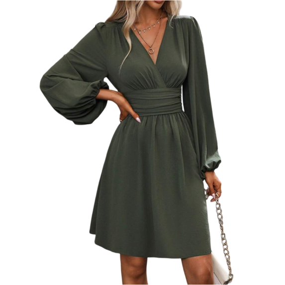 WTOBBY Women's Fashionable Solid Color V-Neck Long Sleeve Pleated Versatile Dress Lantern Sleeve Detail for Unique Style Flowy Pleats for Movement Wardrobe Essential,Army Green L