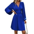 thumbnail image 1 of WTOBBY Women's Fashionable Solid Color V-Neck Long Sleeve Pleated Versatile Dress Lantern Sleeve Detail for Unique Style Flowy Pleats for Movement Wardrobe Essential,Royal Blue XL, 1 of 8