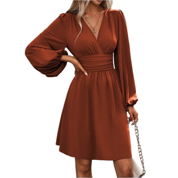 WTOBBY Women's Fashionable Solid Color V-Neck Long Sleeve Pleated Versatile Dress Lantern Sleeve Detail for Unique Style Flowy Pleats for Movement Wardrobe Essential,Brown L