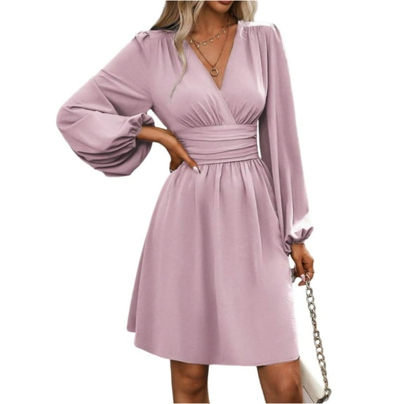 WTOBBY Women's Fashionable Solid Color V-Neck Long Sleeve Pleated Versatile Dress Lantern Sleeve Detail for Unique Style Flowy Pleats for Movement Wardrobe Essential,Pink L