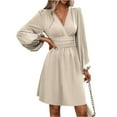 thumbnail image 1 of WTOBBY Women's Fashionable Solid Color V-Neck Long Sleeve Pleated Versatile Dress Lantern Sleeve Detail for Unique Style Flowy Pleats for Movement Wardrobe Essential,Khaki S, 1 of 8