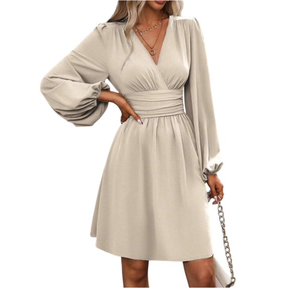 WTOBBY Women's Fashionable Solid Color V-Neck Long Sleeve Pleated Versatile Dress Lantern Sleeve Detail for Unique Style Flowy Pleats for Movement Wardrobe Essential,Khaki S