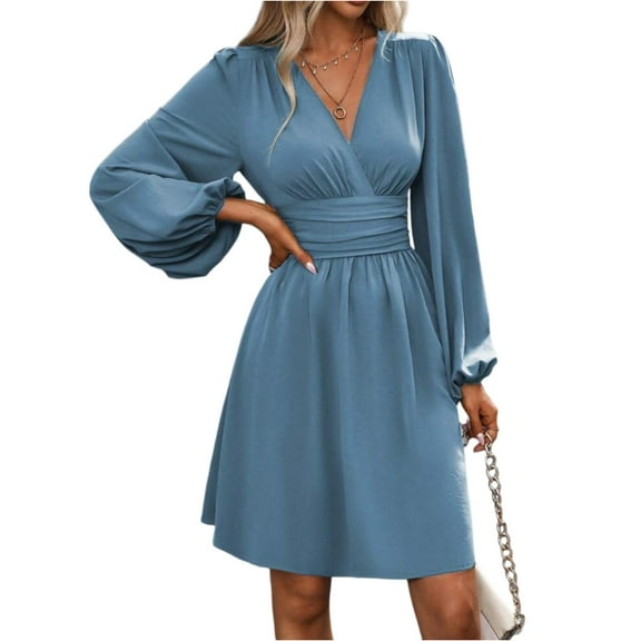WTOBBY Women's Fashionable Solid Color V-Neck Long Sleeve Pleated Versatile Dress Lantern Sleeve Detail for Unique Style Flowy Pleats for Movement Wardrobe Essential,Blue L