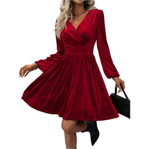 WTOBBY Women's Fashionable Solid Color V-Neck Long Sleeve Pullover Casual Dress Easy Pull-On Design for Quick Wear Comfortable Knit Fabric Versatile for Layering or Solo Use,Red 2XL