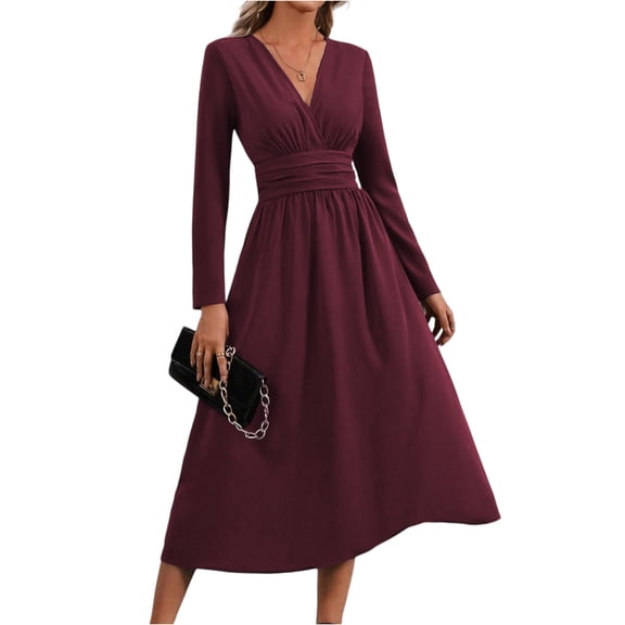 WTOBBY Women's Fashionable Solid Color V-Neck Long Sleeved Pleated Long Dress - Elegant and Flowy Dress with Pleated Details, Great for Evening Events or Casual Days,Deep Red M