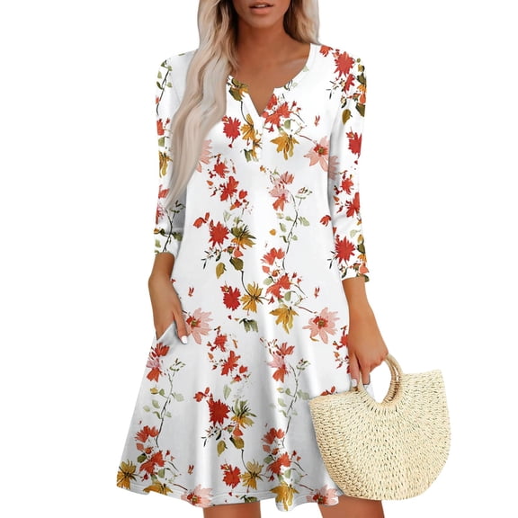WTOBBY Women's Fashionable V-Neck Button Front 3/4 Sleeve Floral Dress, Functional Sundress with Cuff Detail and Pockets for Practicality,Red 2XL