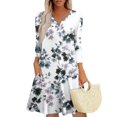 thumbnail image 1 of WTOBBY Women's Fashionable V-Neck Button Front 3/4 Sleeve Floral Dress, Functional Sundress with Cuff Detail and Pockets for Practicality,White 2XL, 1 of 6