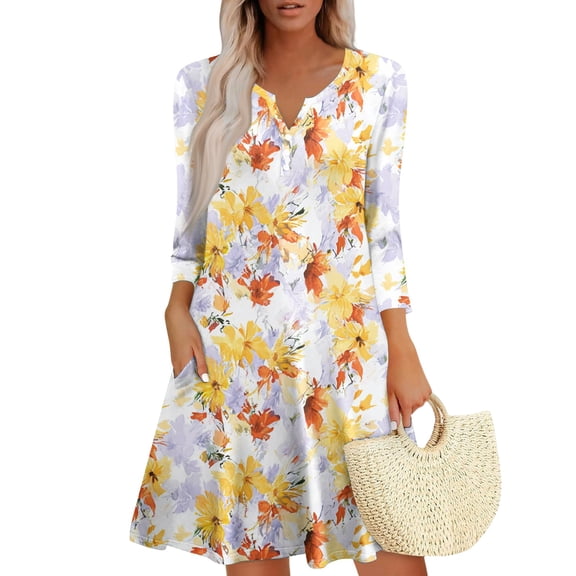 WTOBBY Women's Fashionable V-Neck Button Front 3/4 Sleeve Floral Dress, Functional Sundress with Cuff Detail and Pockets for Practicality,Yellow S