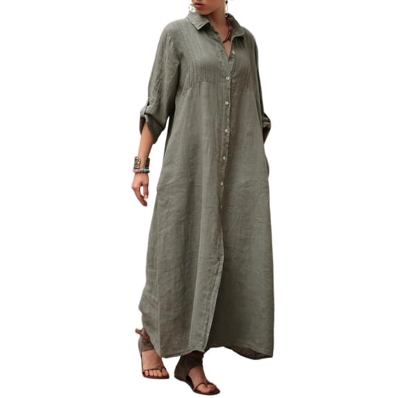 WTOBBY Women's Fashionable V-Neck Cotton Linen Loose Long-Sleeved Shirt Dress Casual Boho Style with Button Front for Easy Layering Perfect for Summer and Transitional Seasons,Army Green 2XL