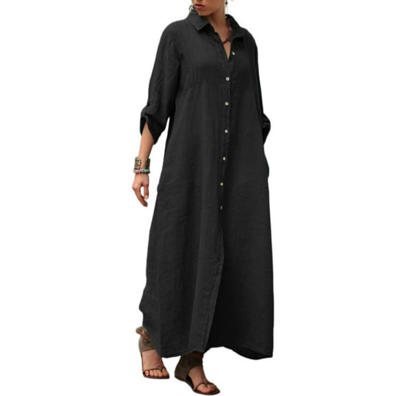 WTOBBY Women's Fashionable V-Neck Cotton Linen Loose Long-Sleeved Shirt Dress Casual Boho Style with Button Front for Easy Layering Perfect for Summer and Transitional Seasons,Black XL