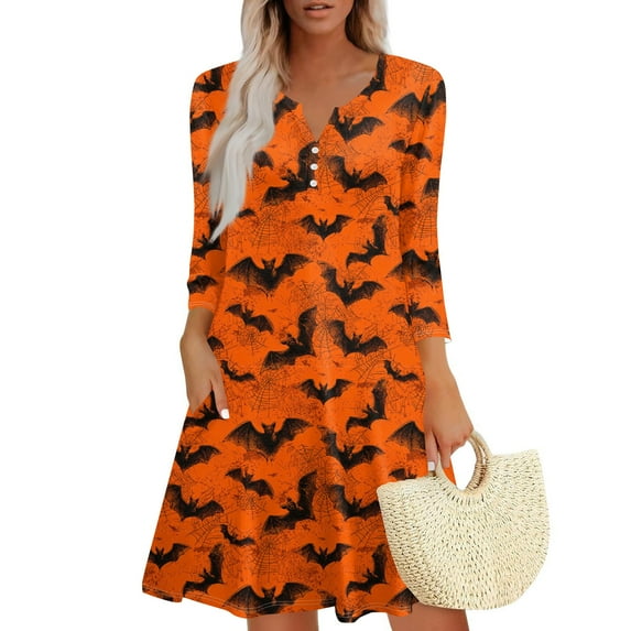 WTOBBY Women's Fashionable V-Neck Halloween Printed Dress with Button Detail and 3/4 Sleeve Pockets - Stylish and Functional Dress for Women,Ginger XL