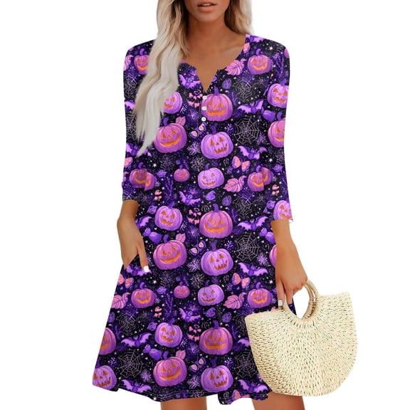WTOBBY Women's Fashionable V-Neck Halloween Printed Dress with Button Detail and 3/4 Sleeve Pockets - Stylish and Functional Dress for Women,Purple S