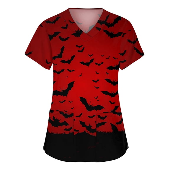 WTOBBY Women's Fashionable V-Neck Workwear Top with Short Sleeves, Pockets, and Side Slits, Halloween Printed Design Featuring Bat and Pumpkin Graphics for Caregiver Uniforms,Wine 5XL
