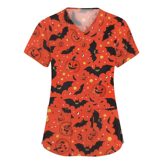 WTOBBY Women's Fashionable V-Neck Workwear Top with Short Sleeves, Pockets, and Side Slits, Halloween Printed Design Featuring Bat and Pumpkin Graphics for Caregiver Uniforms,Vermilion L