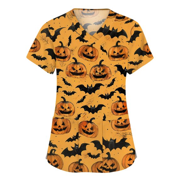 WTOBBY Women's Fashionable V-Neck Workwear Top with Short Sleeves, Pockets, and Side Slits, Halloween Printed Design Featuring Bat and Pumpkin Graphics for Caregiver Uniforms,Orange M