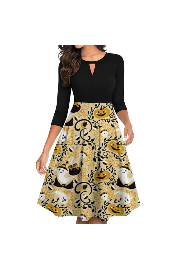 Women's Fashionable Vintage Halloween Printed 3/4 Sleeve A-Line Swing Dress with Flared Hem and Casual Party Design for Retro Gothic Wear ,Gold S