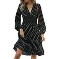 thumbnail image 1 of WTOBBY Women's Fashionable Waist Cinching Slimming Polka Dot Printed Long Sleeve Dress Figure-Flattering Dot Pattern Feminine Silhouette for Office Daily Dress with Western Flair,Black L, 1 of 5