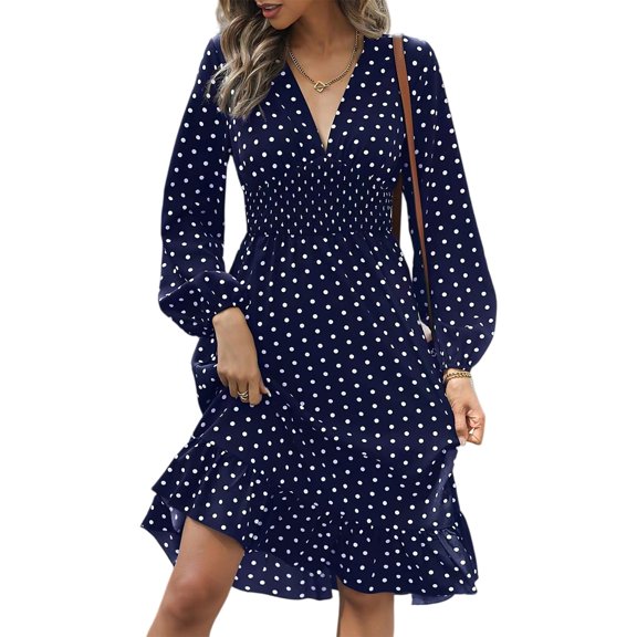 WTOBBY Women's Fashionable Waist Cinching Slimming Polka Dot Printed Long Sleeve Dress Figure-Flattering Dot Pattern Feminine Silhouette for Office Daily Dress with Western Flair,Dark Blue L