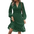 thumbnail image 1 of WTOBBY Women's Fashionable Waist Cinching Slimming Polka Dot Printed Long Sleeve Dress Figure-Flattering Dot Pattern Feminine Silhouette for Office Daily Dress with Western Flair,Green 2XL, 1 of 5