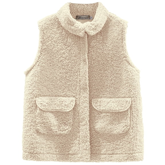 WTOBBY Women's Faux Lambswool Vest for Winter Outerwear, Sleeveless Jacket with Soft Touch, Casual and Warm Layer Ideal for Fall and Winter Fashion,Beige S