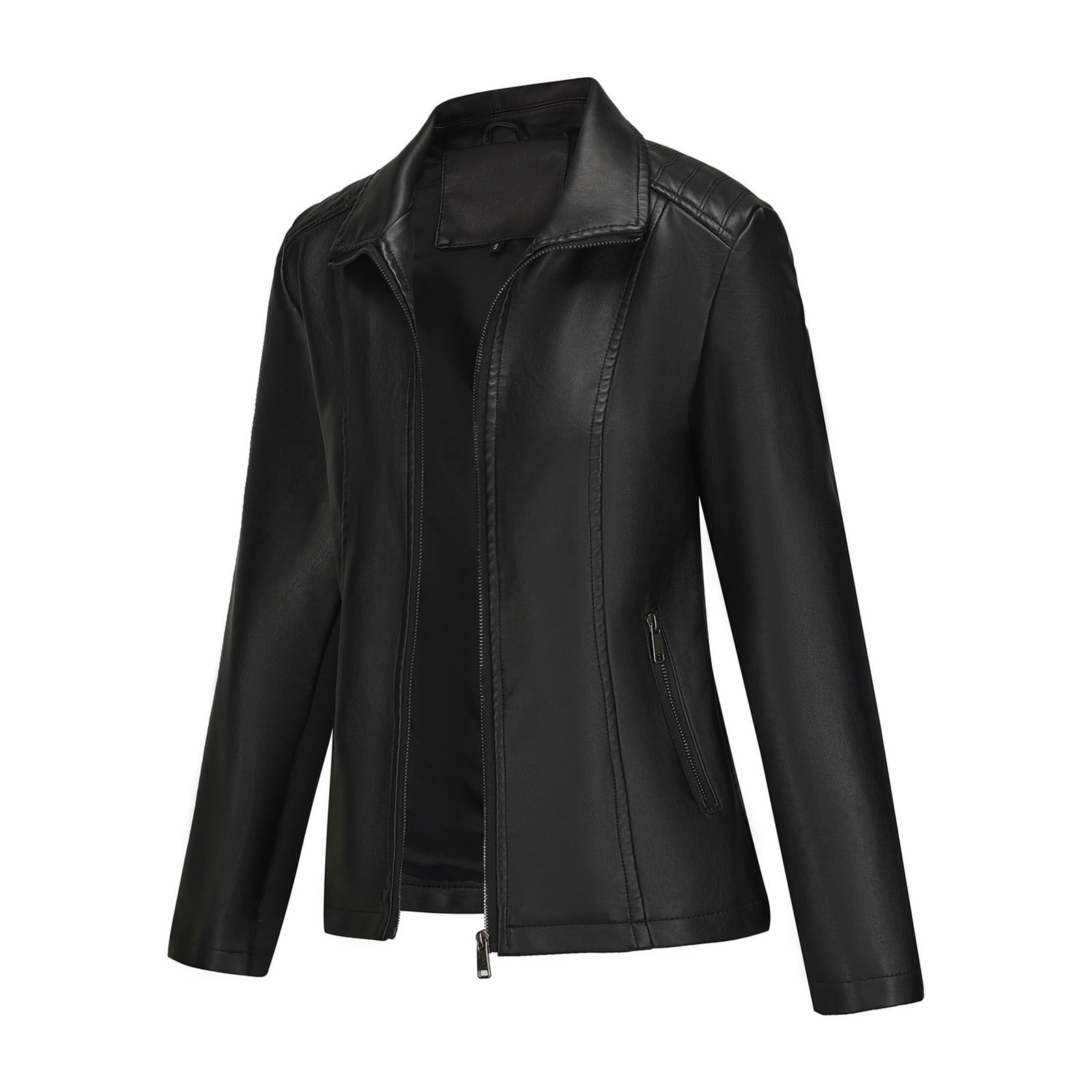 WTOBBY Women's Faux Leather Moto Jacket Short Coat Biker Style Casual Outerwear Solid Color Zippered Front with Stand Collar Edgy Street Look for Night Out,Black M