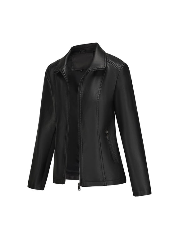 Women's Faux Leather Moto Jacket Short Coat Biker Style Casual Outerwear Solid Color Zippered Front with Stand Collar Edgy Street Look for Night Out,Black L