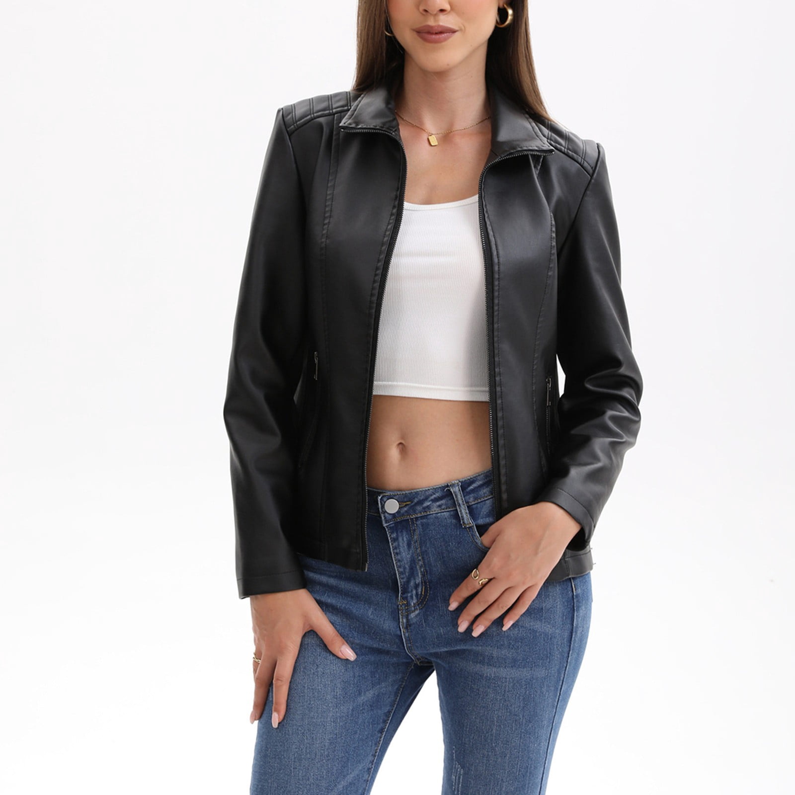 WTOBBY Women's Faux Leather Moto Jacket Short Coat Biker Style Casual Outerwear Solid Color Zippered Front with Stand Collar Edgy Street Look for Night Out,Black XL